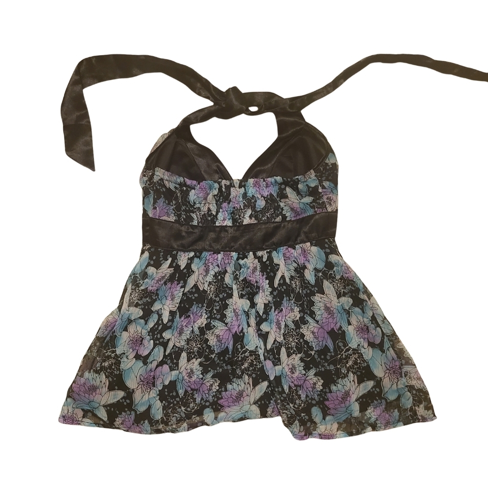 DKNY Jeans Blue Floral Womens Tie Up Halter Top - Picture 2 of 4